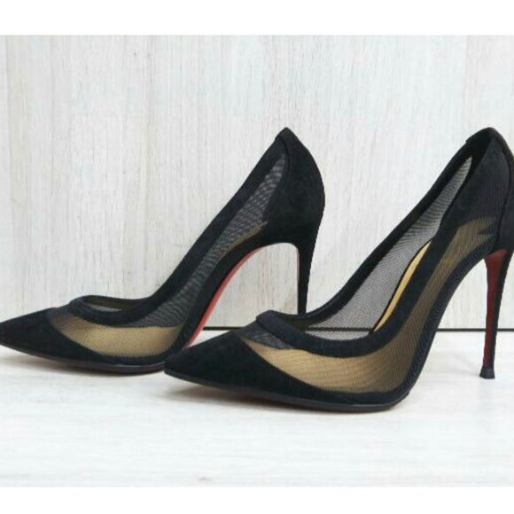 Christian Louboutin Galativi 100 mm Pointed Toe Pumps in Black Velour Mesh 36.5 - Picture 2 of 7